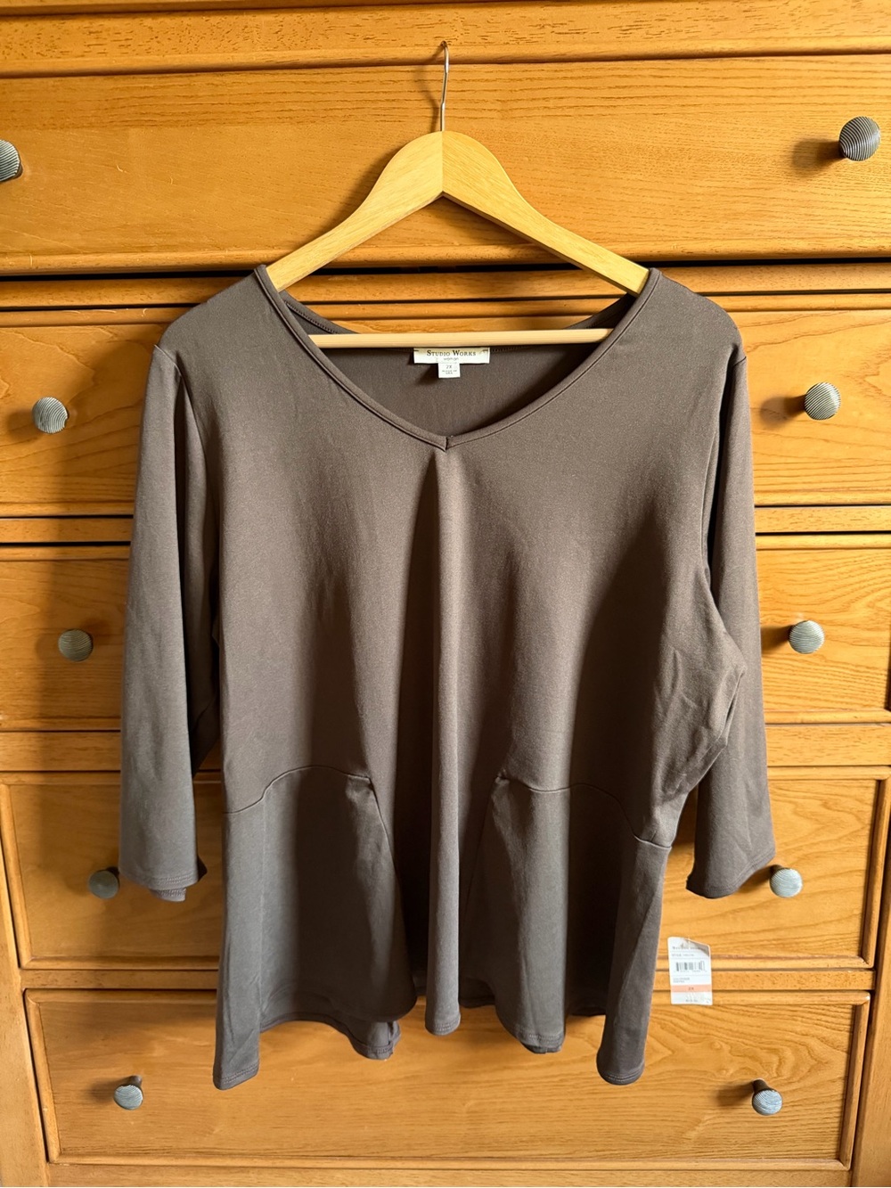 NEW Studio Works Womens 2X Blouse 3/4 Sleeve Taupe Coffee Career Office Stretch
